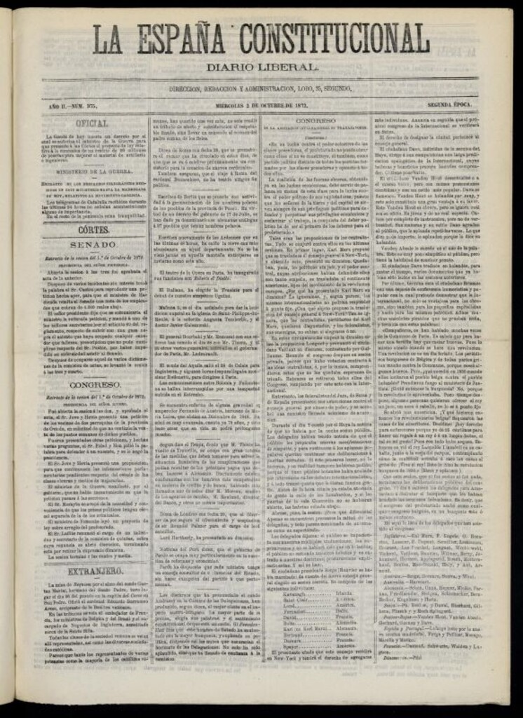 Miniatura de La España Constitucional : diario liberal del miércoles 2 de octubre de 1872. Número 375