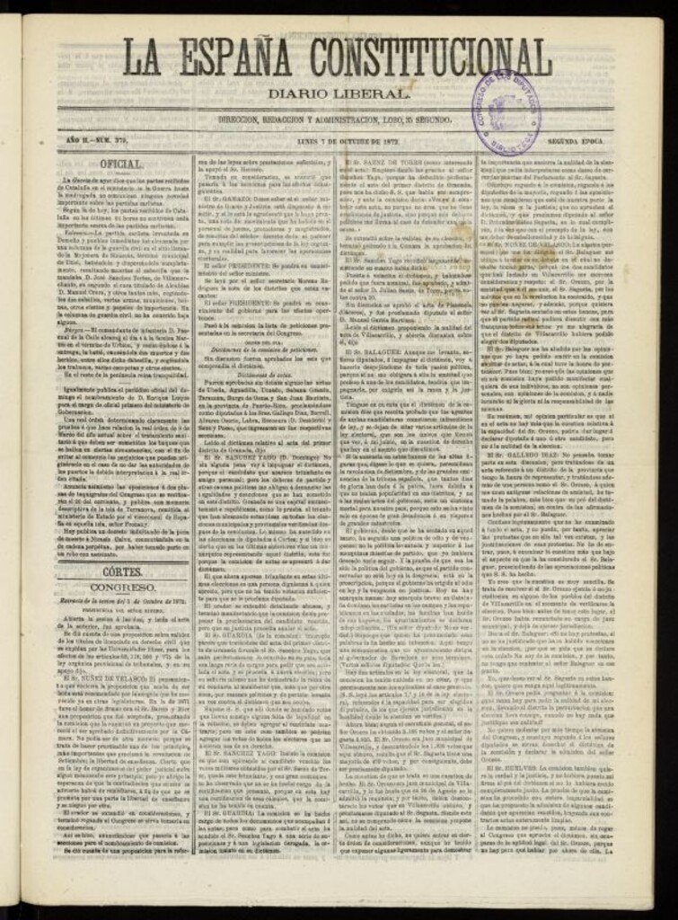 Miniatura de La España Constitucional : diario liberal del lunes 7 de octubre de 1872. Número 379