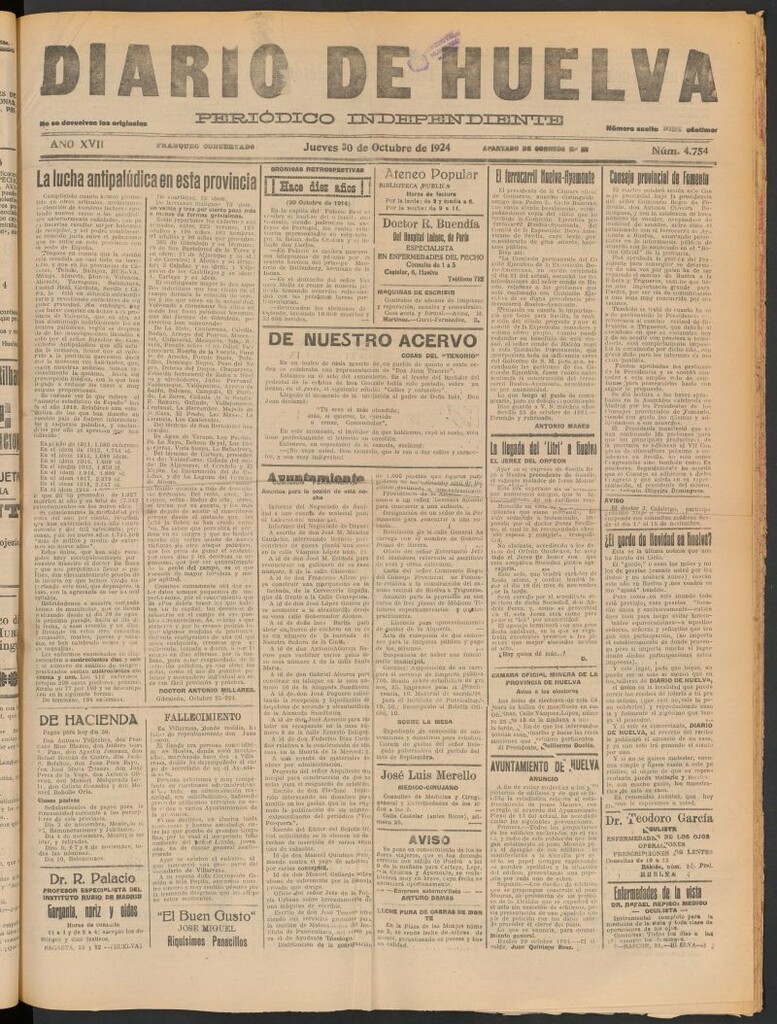 Miniatura de Diario de Huelva : periódico independiente del 30 de octubre de 1924
