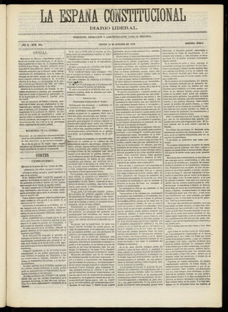 Miniatura de La España Constitucional : diario liberal del jueves 10 de octubre de 1872. Número 382