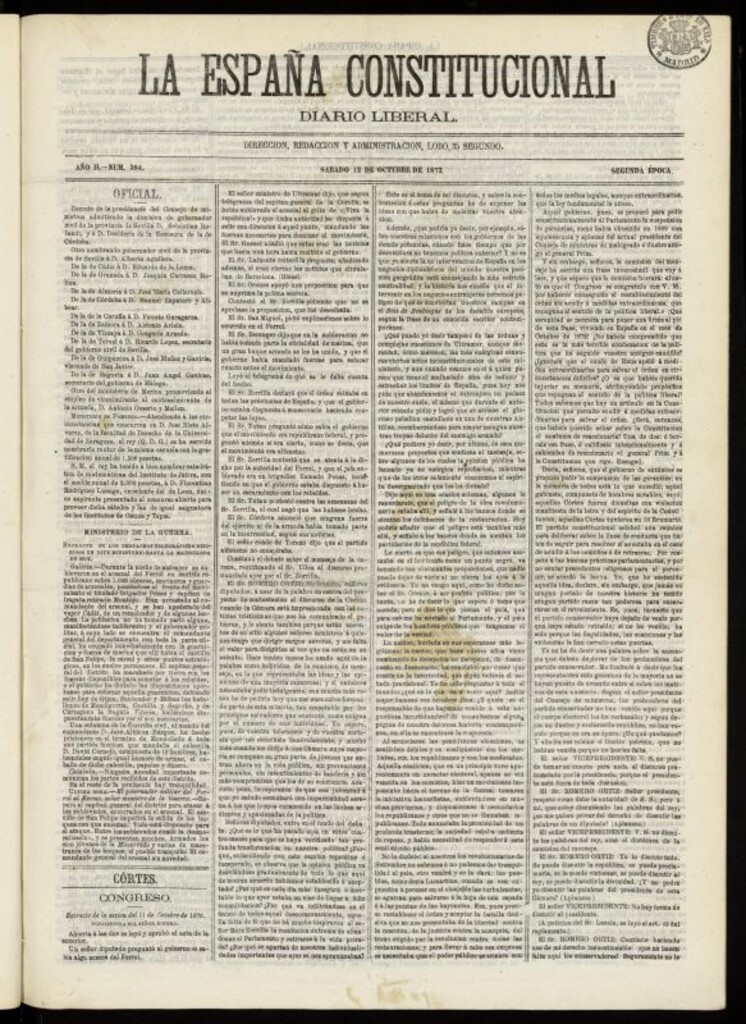 Miniatura de La España Constitucional : diario liberal del sábado 12 de octubre de 1872. Número 384