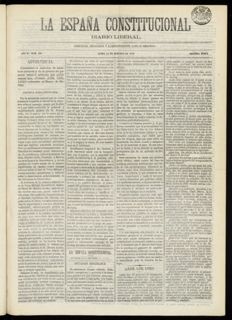 Miniatura de La España Constitucional : diario liberal del lunes 14 de octubre de 1872. Número 385