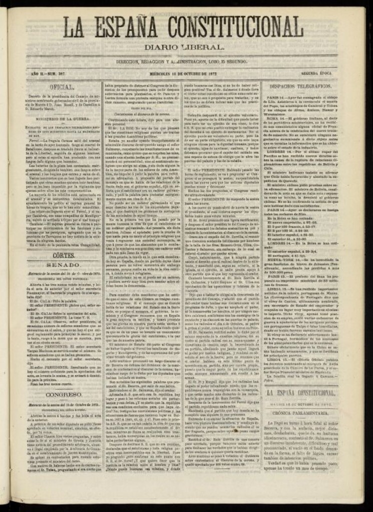 Miniatura de La España Constitucional : diario liberal del miércoles 16 de octubre de 1872. Número 387