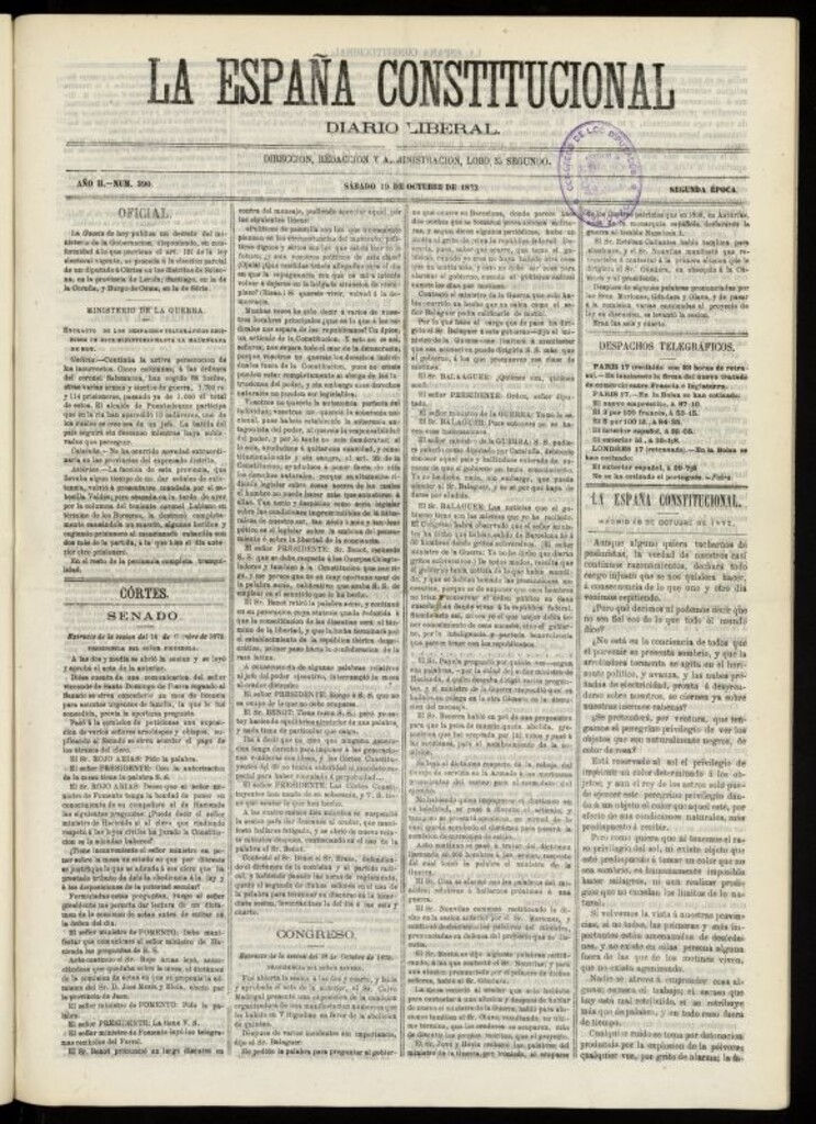 Miniatura de La España Constitucional : diario liberal del sábado 19 de octubre de 1872. Número 390