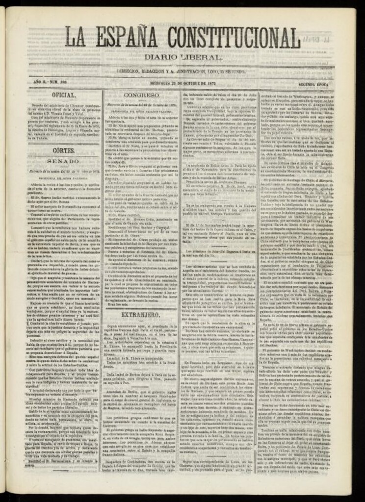 Miniatura de La España Constitucional : diario liberal del miércoles 23 de octubre de 1872. Número 393