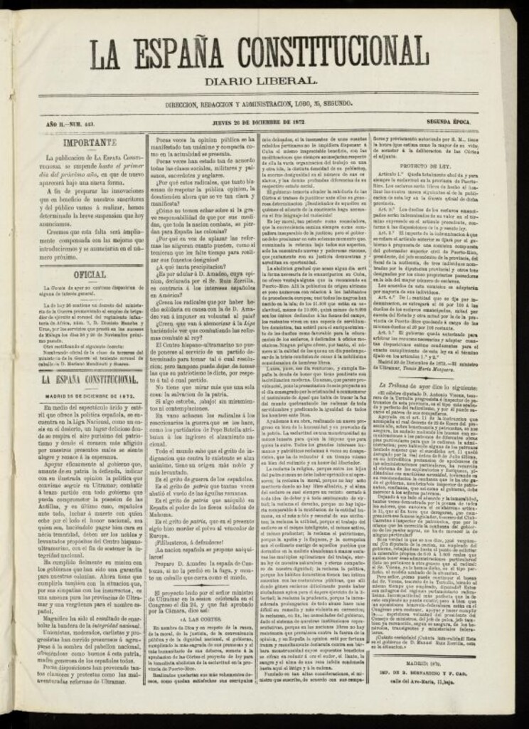 Miniatura de La España Constitucional : diario liberal del jueves 26 de diciembre de 1872. Número 443