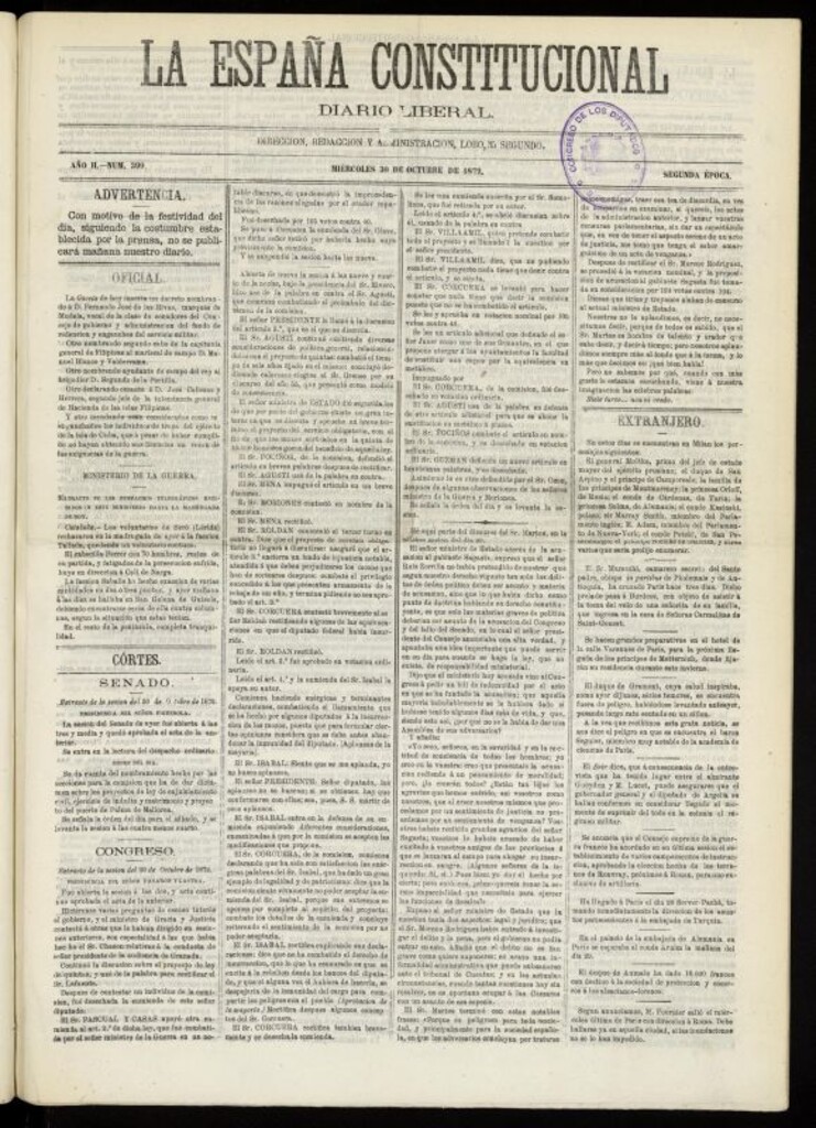 Miniatura de La España Constitucional : diario liberal del miércoles 30 de octubre de 1872. Número 399