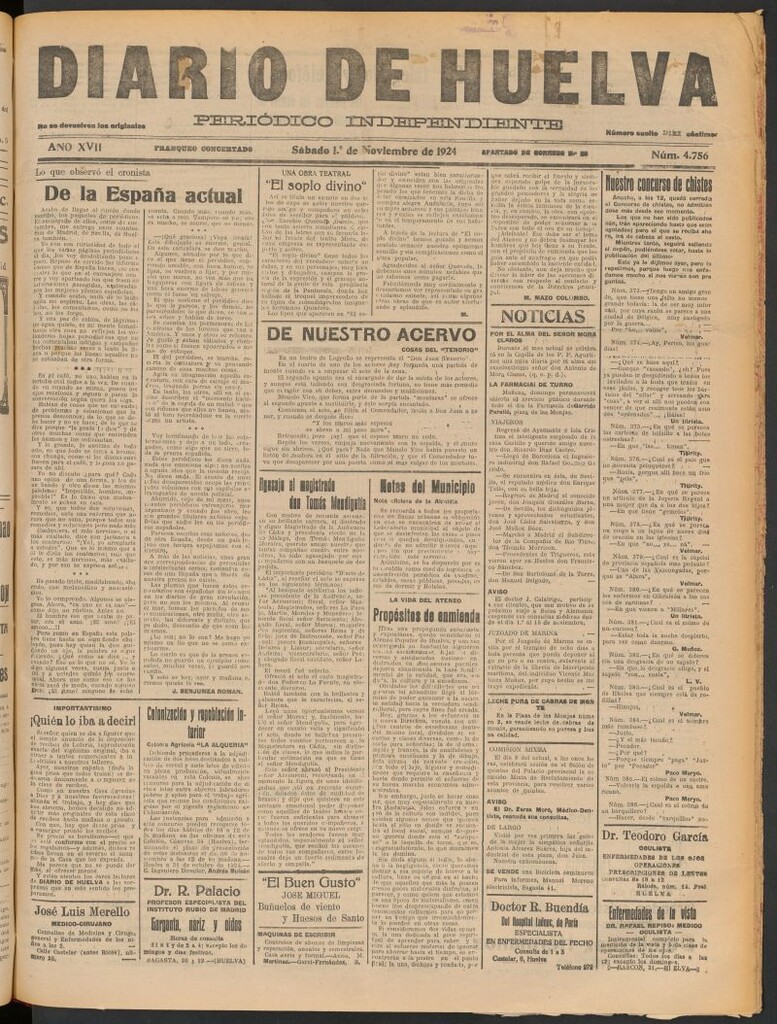 Miniatura de Diario de Huelva : periódico independiente del 1 de noviembre de 1924