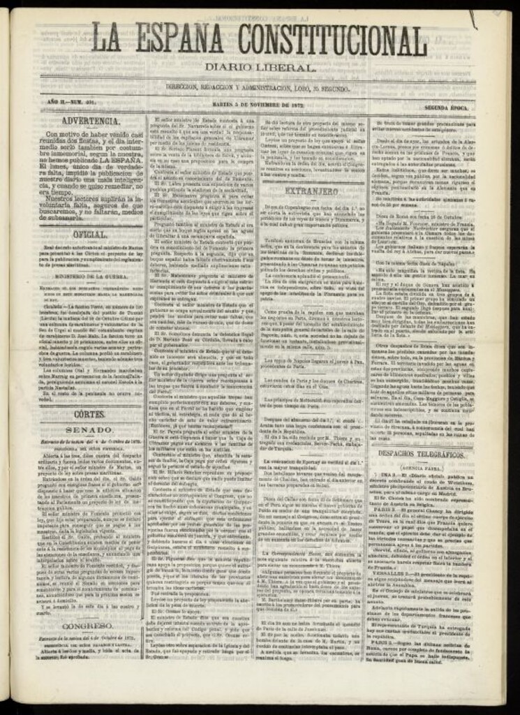Miniatura de La España Constitucional : diario liberal del martes 5 de noviembre de 1872. Número 401