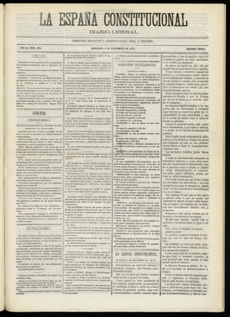 Miniatura de La España Constitucional : diario liberal del miércoles 6 de noviembre de 1872. Número 402