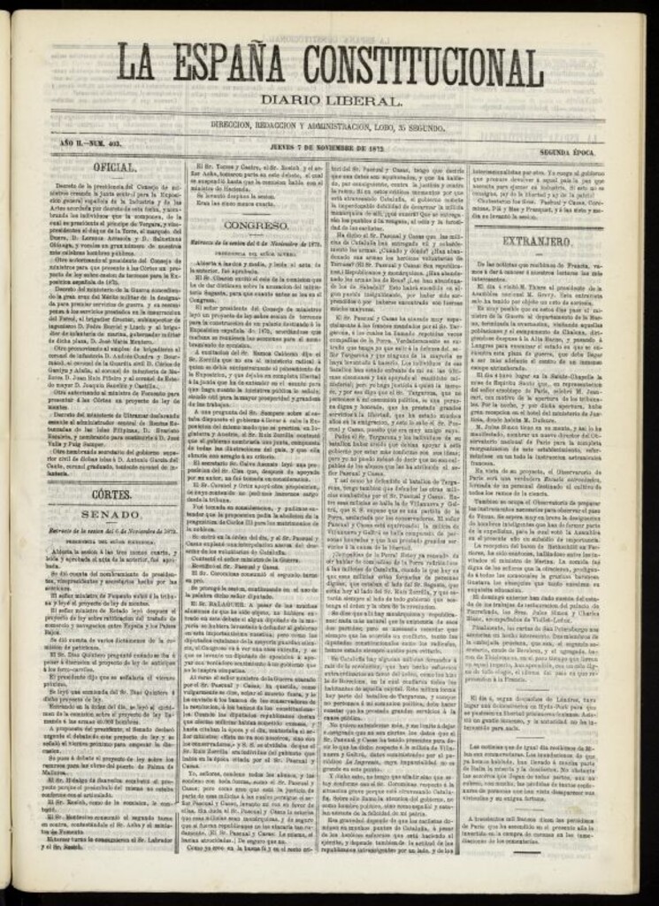 Miniatura de La España Constitucional : diario liberal del jueves 7 de noviembre de 1872. Número 403