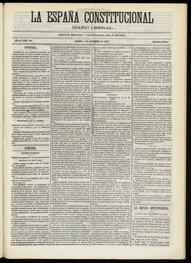 Miniatura de La España Constitucional : diario liberal del viernes 8 de noviembre de 1872. Número 404