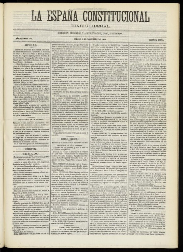 Miniatura de La España Constitucional : diario liberal del sábado 9 de noviembre de 1872. Número 405