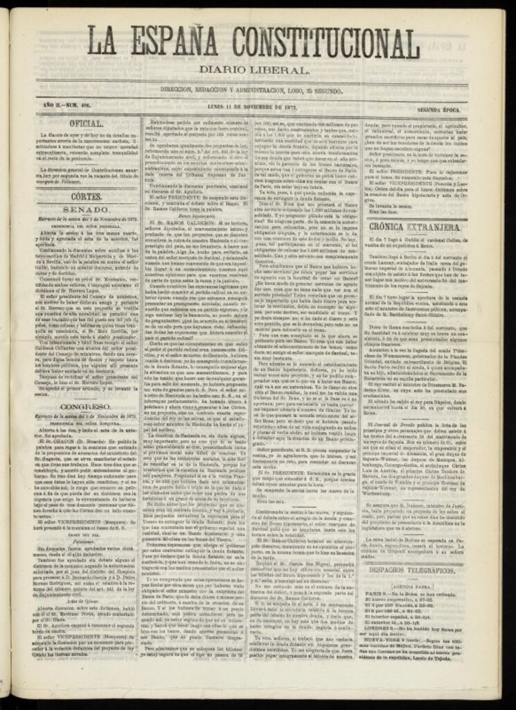 Miniatura de La España Constitucional : diario liberal del lunes 11 de noviembre de 1872. Número 406