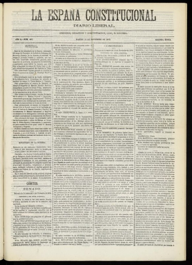 Miniatura de La España Constitucional : diario liberal del martes 12 de noviembre de 1872. Número 407