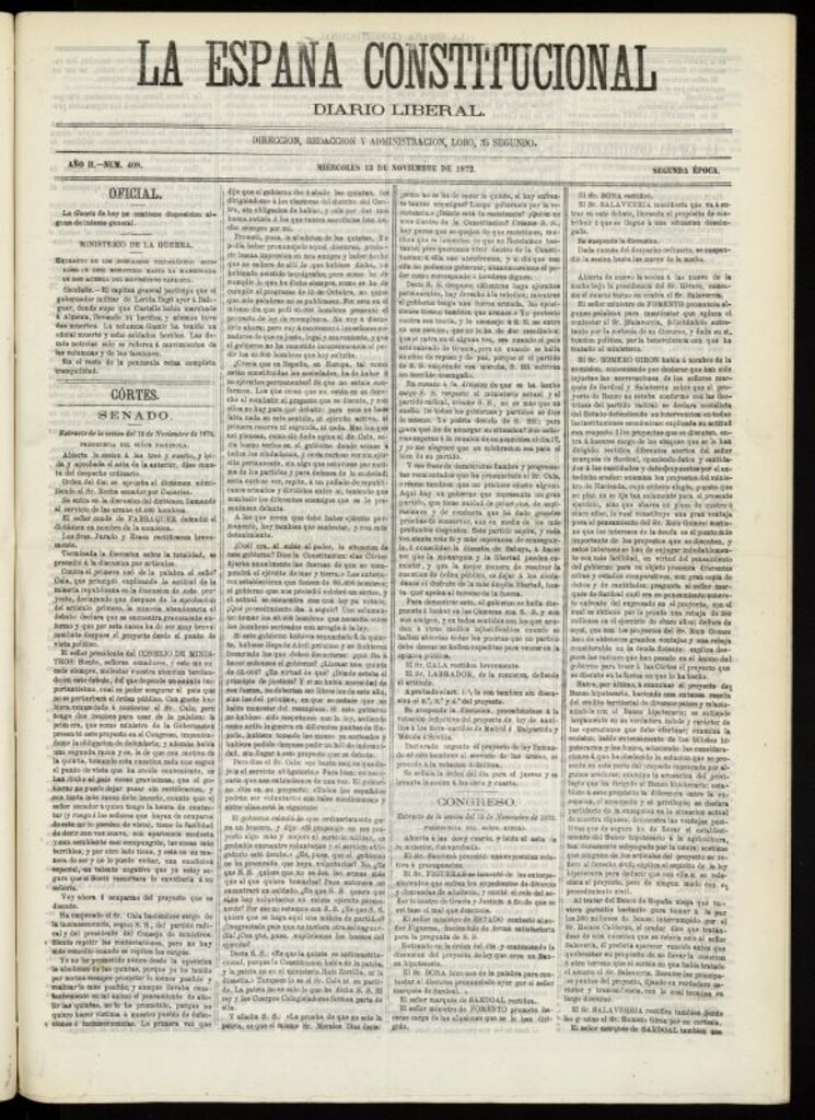 Miniatura de La España Constitucional : diario liberal del miércoles 13 de noviembre de 1872. Número 408