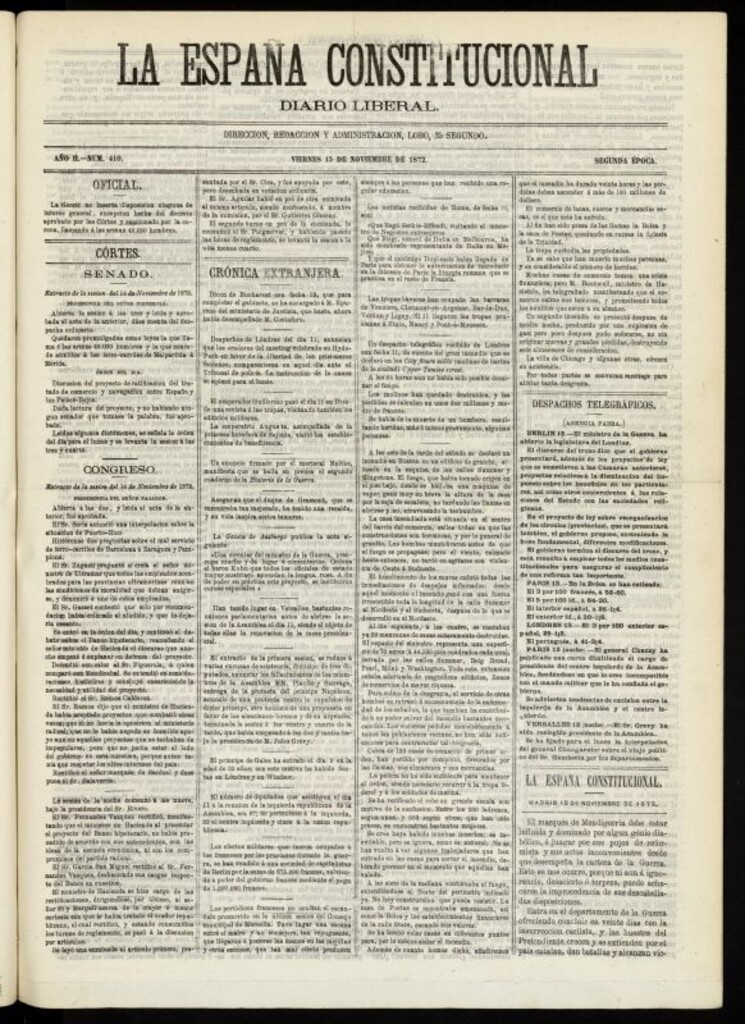 Miniatura de La España Constitucional : diario liberal del viernes 15 de noviembre de 1872. Número 410