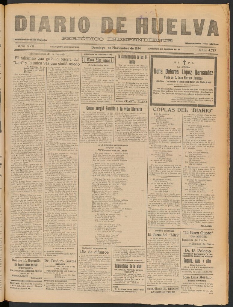 Miniatura de Diario de Huelva : periódico independiente del 2 de noviembre de 1924