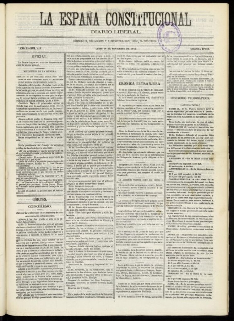 Miniatura de La España Constitucional : diario liberal del lunes 18 de noviembre de 1872. Número 412