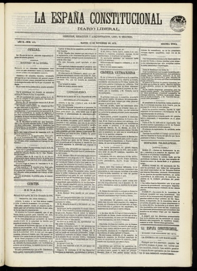 Miniatura de La España Constitucional : diario liberal del martes 19 de noviembre de 1872. Número 413