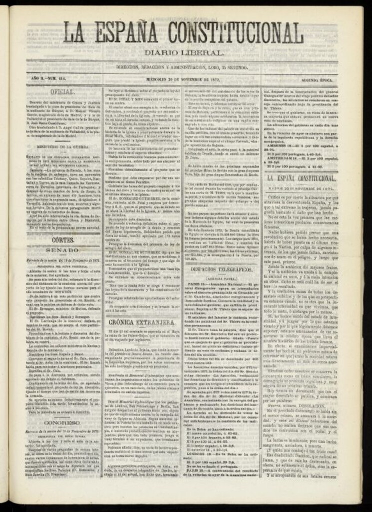 Miniatura de La España Constitucional : diario liberal del miércoles 20 de noviembre de 1872. Número 414