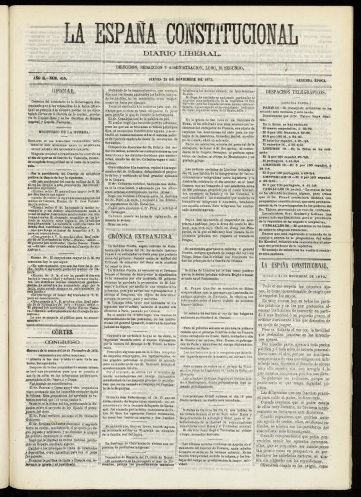 Miniatura de La España Constitucional : diario liberal del jueves 21 de noviembre de 1872. Número 415