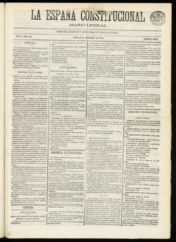 Miniatura de La España Constitucional : diario liberal del lunes 25 de noviembre de 1872. Número 418