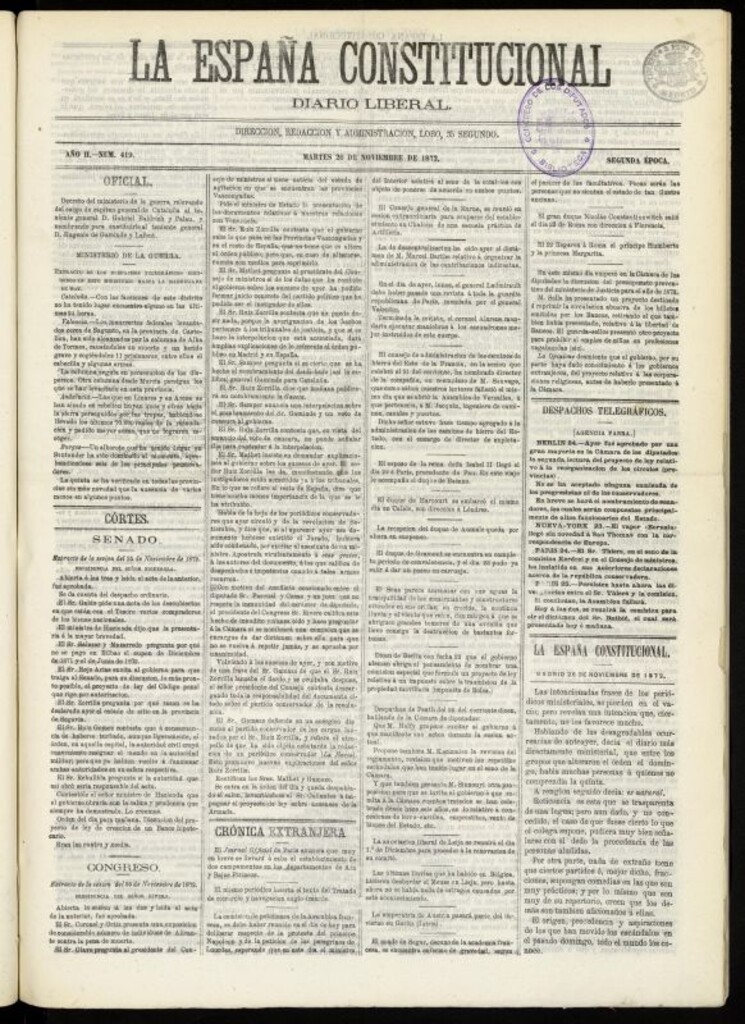 Miniatura de La España Constitucional : diario liberal del martes 26 de noviembre de 1872. Número 419