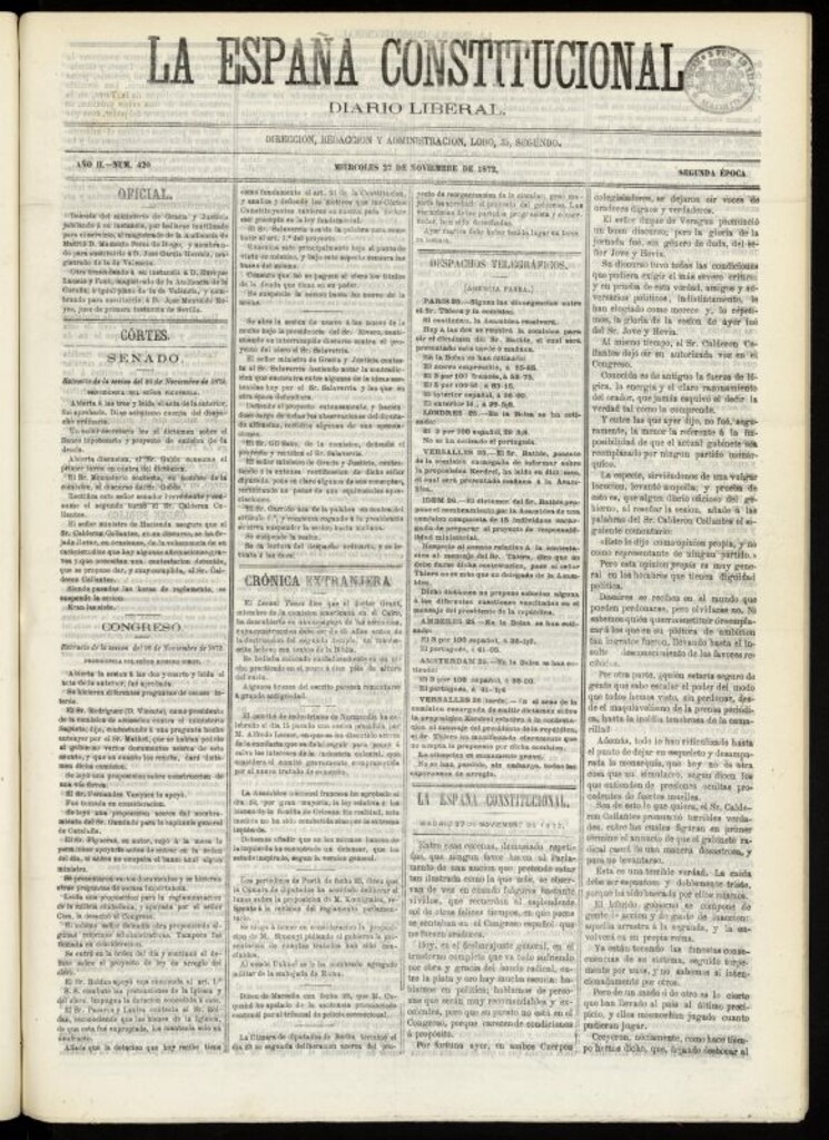 Miniatura de La España Constitucional : diario liberal del miércoles 27 de noviembre de 1872. Número 420