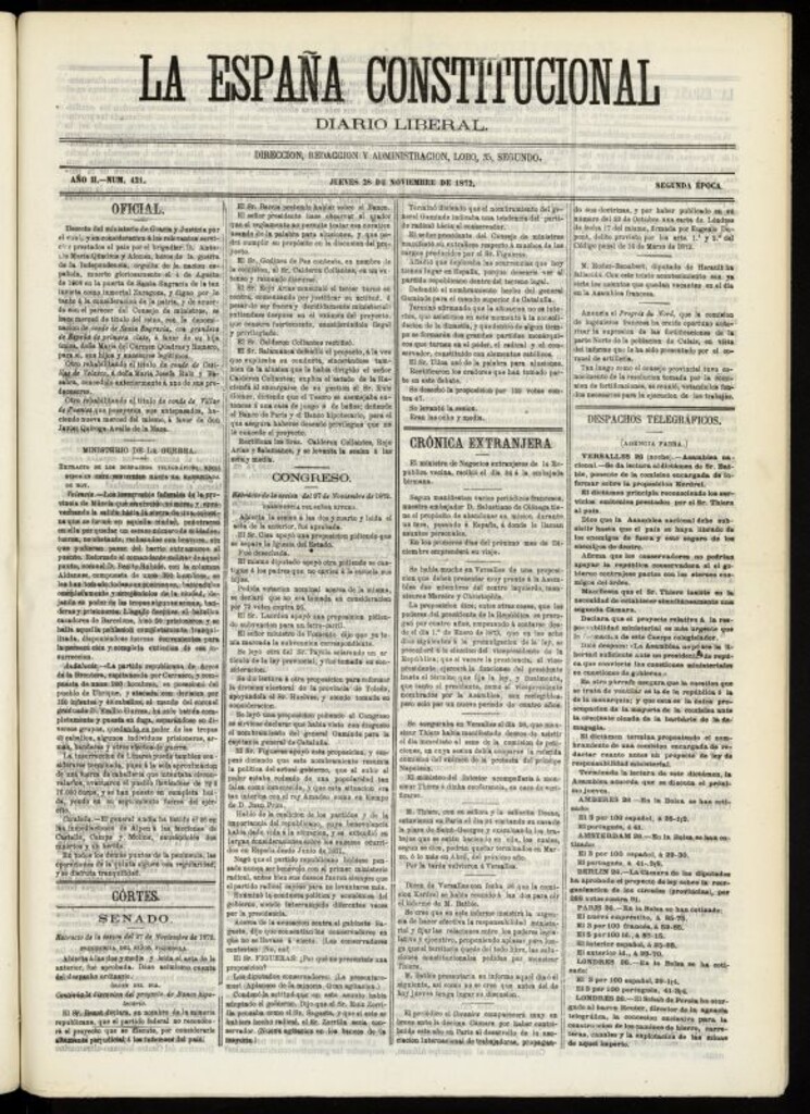 Miniatura de La España Constitucional : diario liberal del jueves 28 de noviembre de 1872. Número 421