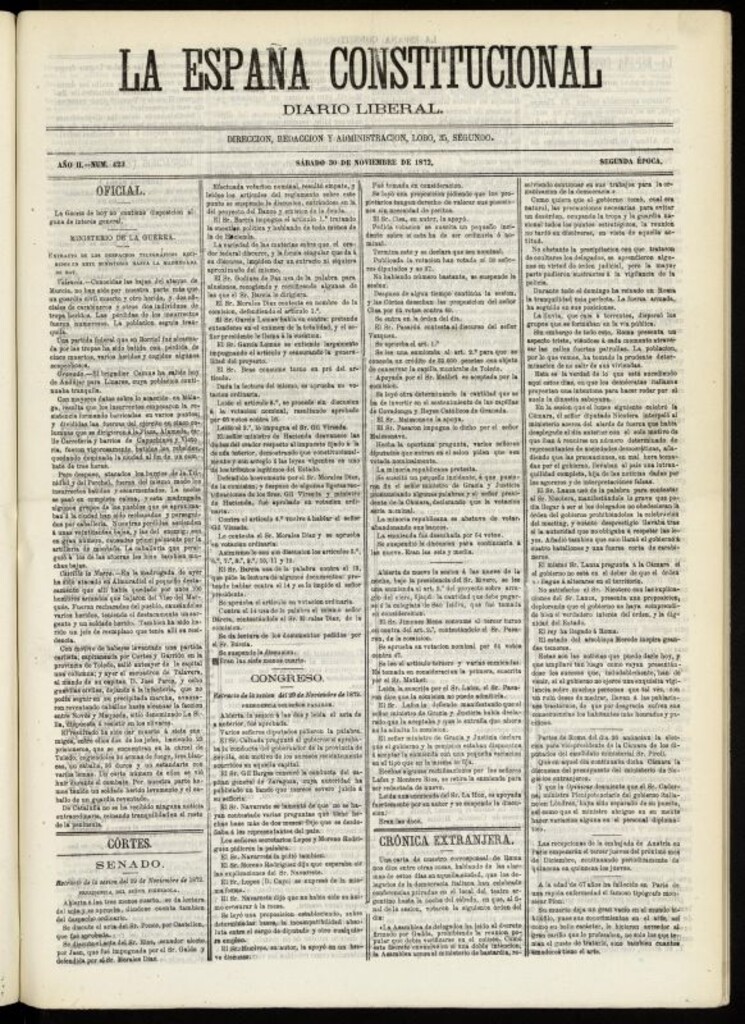 Miniatura de La España Constitucional : diario liberal del sábado 30 de noviembre de 1872. Número 423