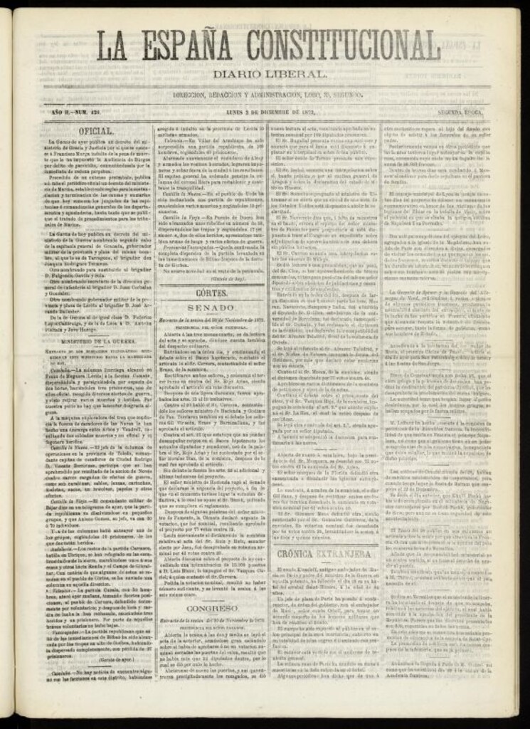 Miniatura de La España Constitucional : diario liberal del lunes 2 de diciembre de 1872. Número 424