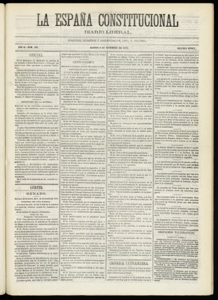 Miniatura de La España Constitucional : diario liberal del martes 3 de diciembre de 1872. Número 425