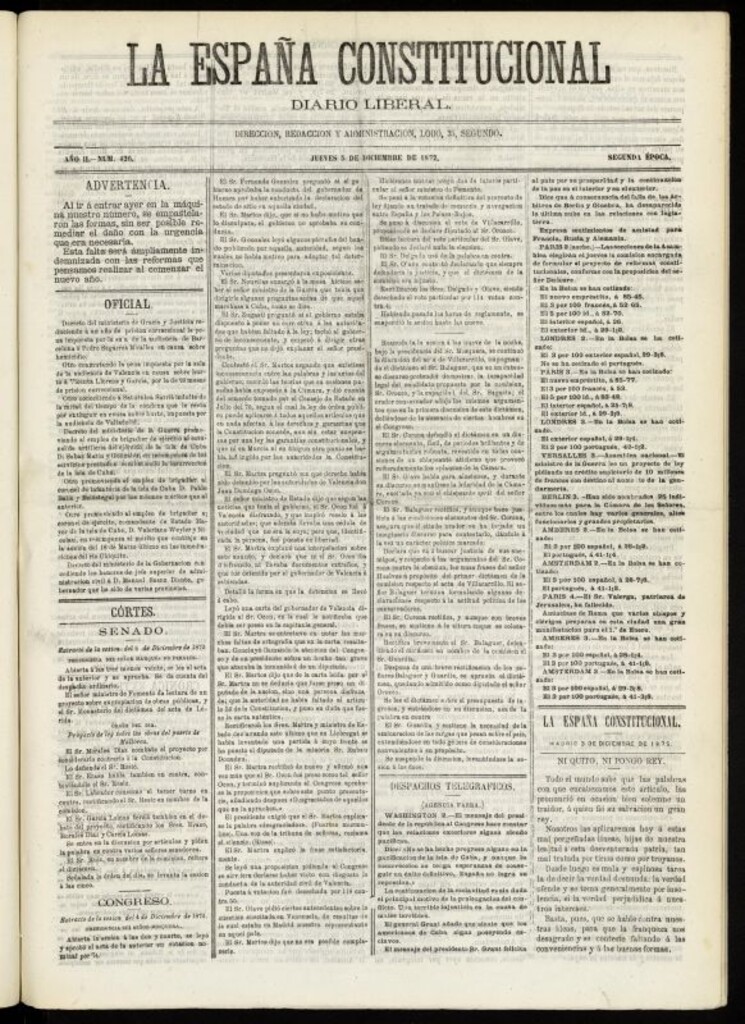 Miniatura de La España Constitucional : diario liberal del jueves 5 de diciembre de 1872. Número 426