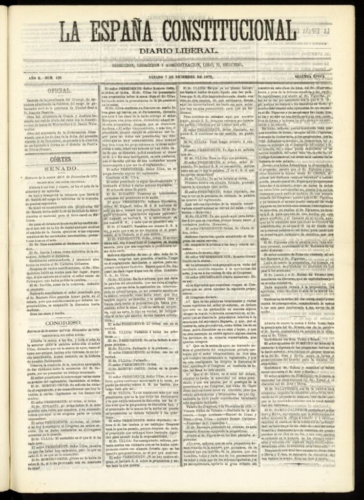 Miniatura de La España Constitucional : diario liberal del sábado 7 de diciembre de 1872. Número 428