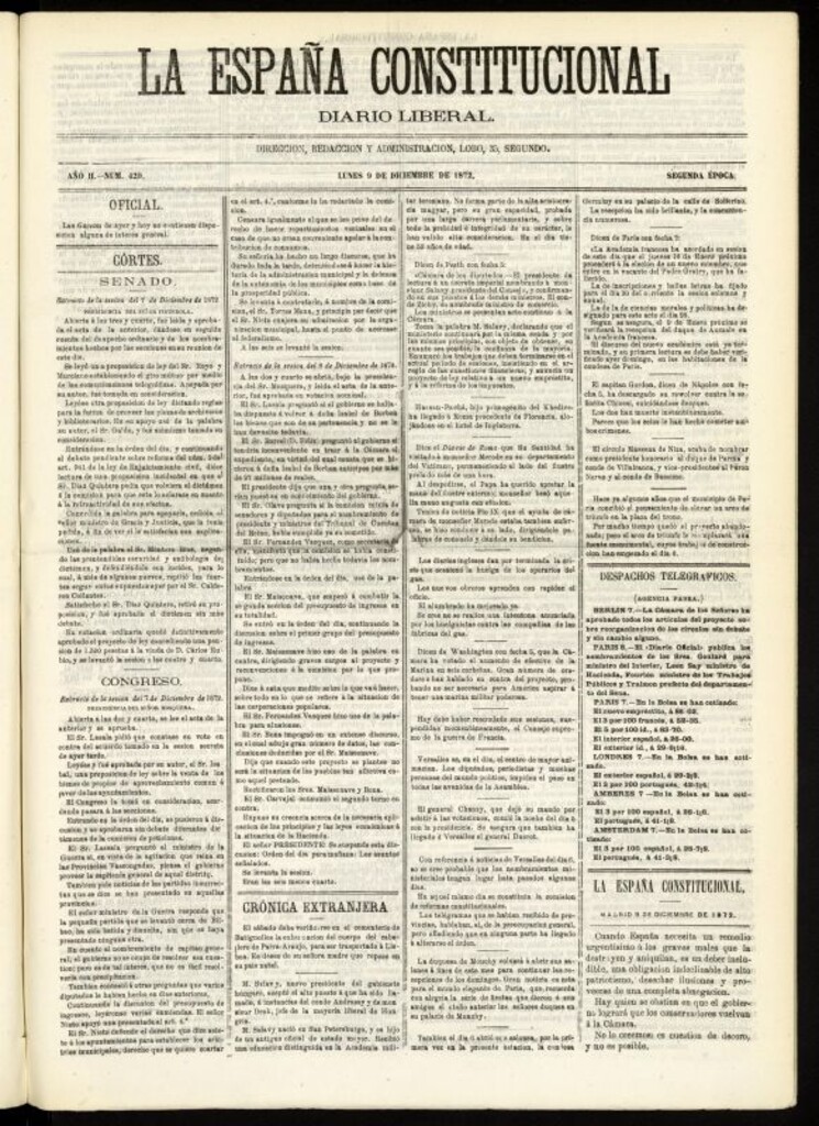 Miniatura de La España Constitucional : diario liberal del lunes 9 de diciembre de 1872. Número 429