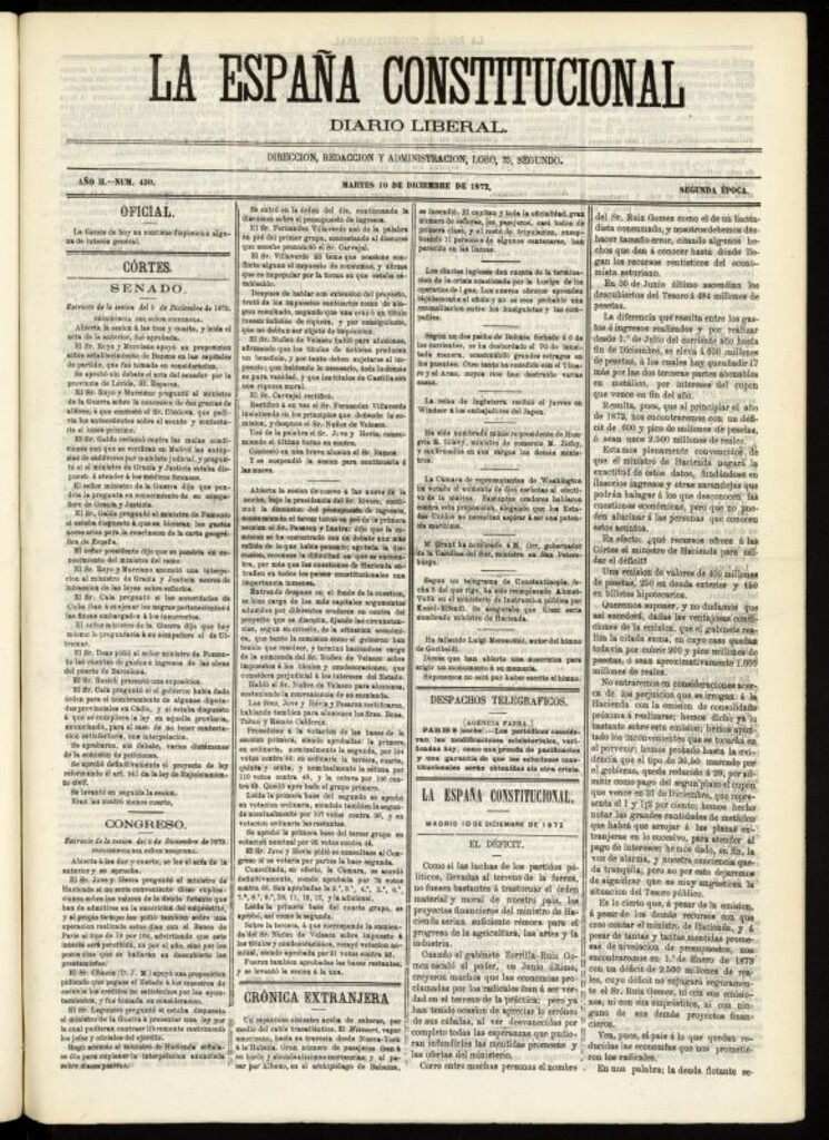 Miniatura de La España Constitucional : diario liberal del martes 10 de diciembre de 1872. Número 430