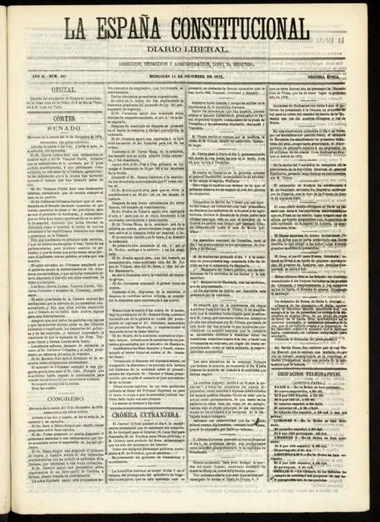 Miniatura de La España Constitucional : diario liberal del miércoles 11 de diciembre de 1872. Número 431