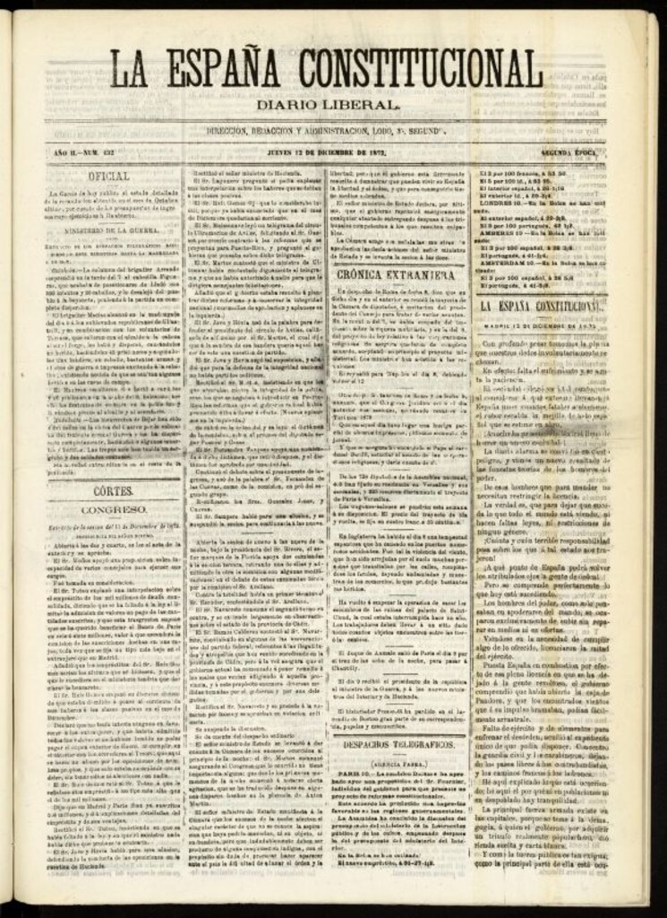 Miniatura de La España Constitucional : diario liberal del jueves 12 de diciembre de 1872. Número 432