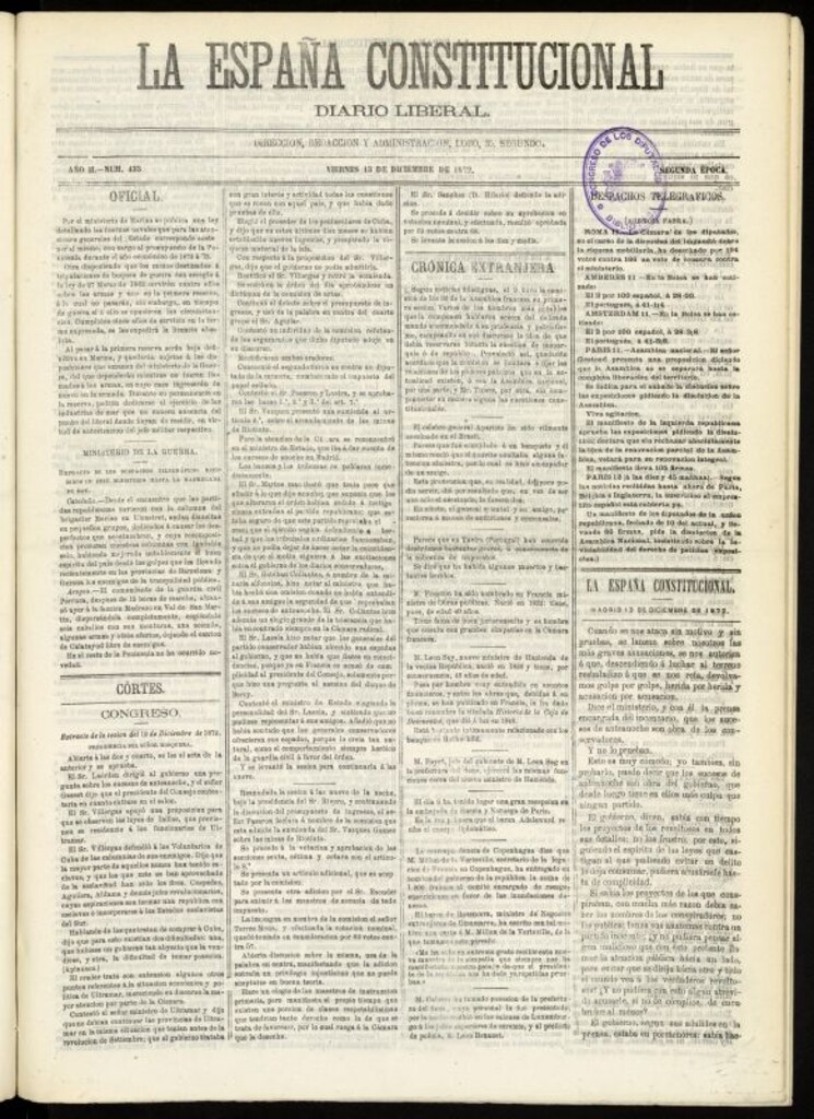 Miniatura de La España Constitucional : diario liberal del viernes 13 de diciembre de 1872. Número 433