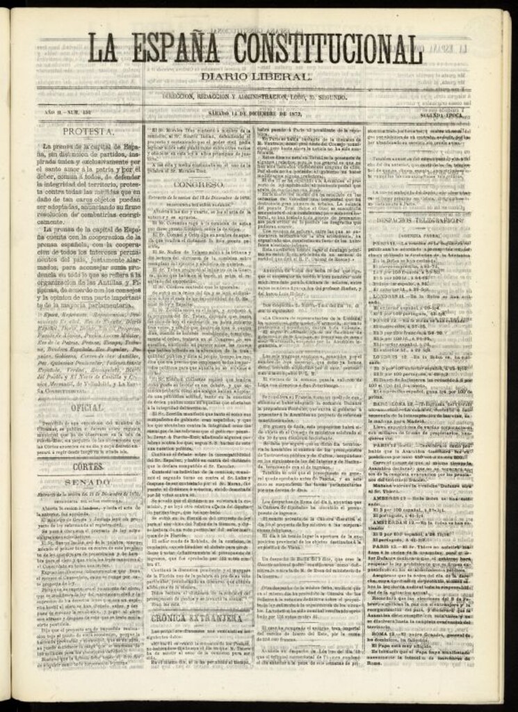 Miniatura de La España Constitucional : diario liberal del sábado 14 de diciembre de 1872. Número 434