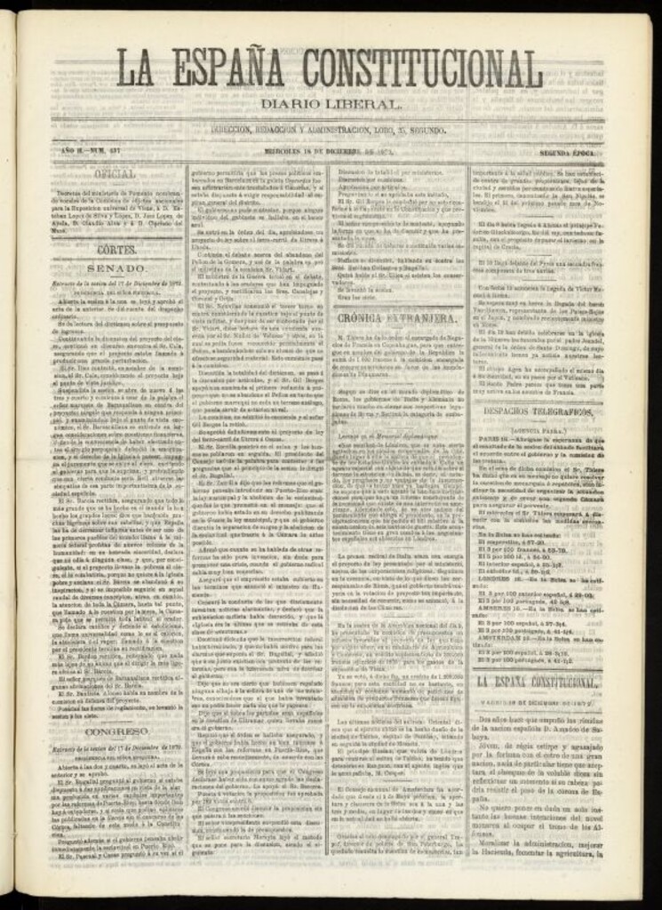 Miniatura de La España Constitucional : diario liberal del miércoles 18 de diciembre de 1872. Número 437
