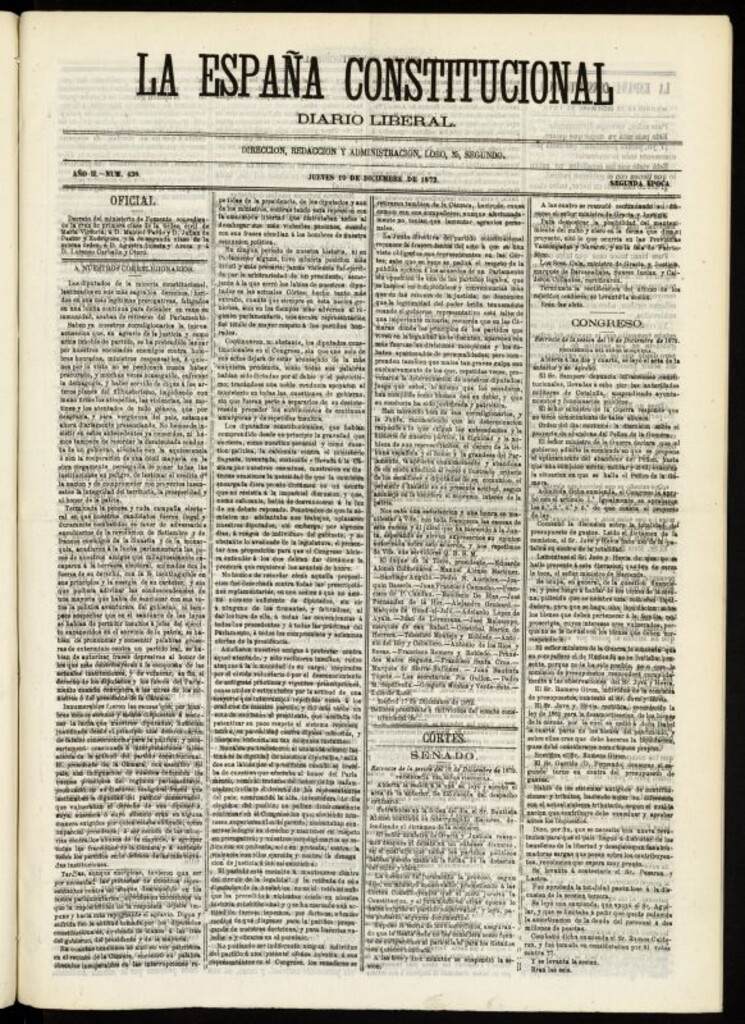 Miniatura de La España Constitucional : diario liberal del jueves 19 de diciembre de 1872. Número 438
