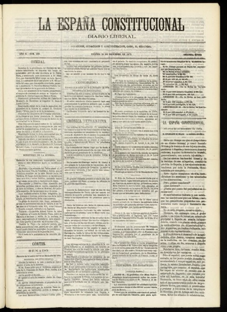 Miniatura de La España Constitucional : diario liberal del viernes 20 de diciembre de 1872. Número 439