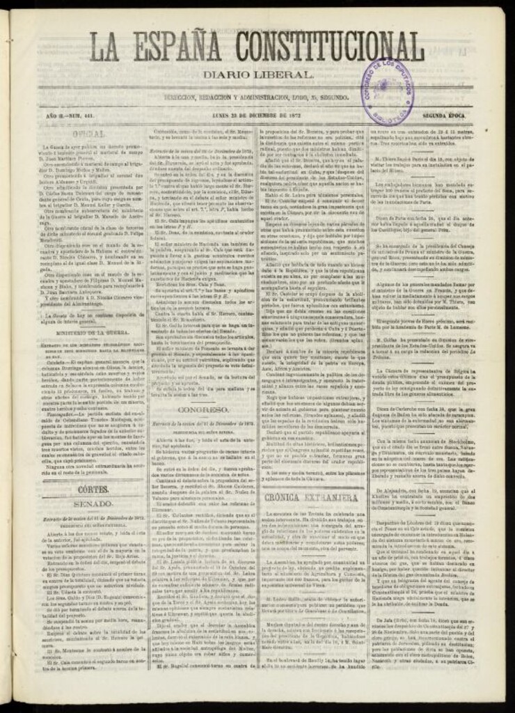 Miniatura de La España Constitucional : diario liberal del lunes 23 de diciembre de 1872. Número 441