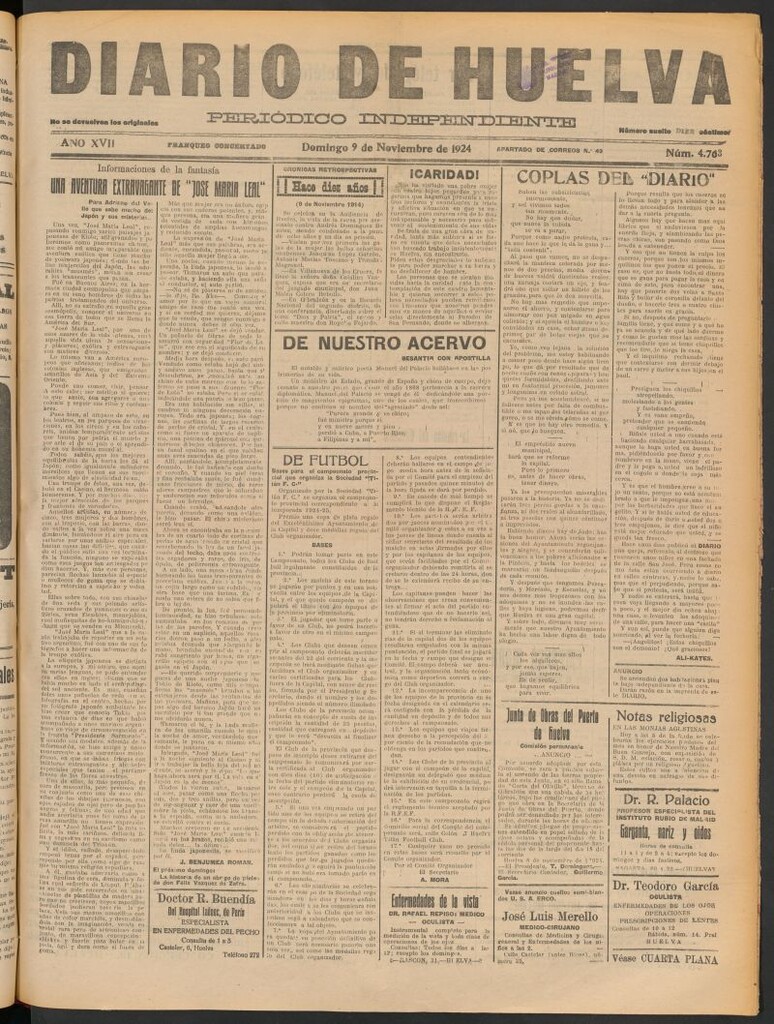 Miniatura de Diario de Huelva : periódico independiente del 9 de noviembre de 1924