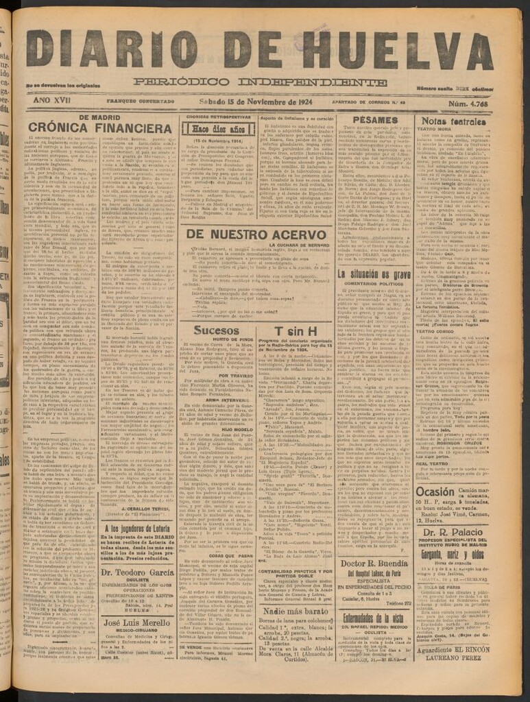 Miniatura de Diario de Huelva : periódico independiente del 15 de noviembre de 1924