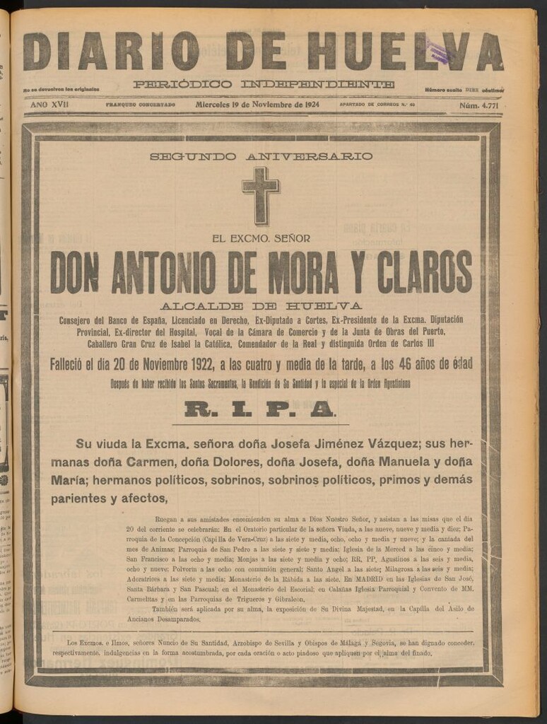 Miniatura de Diario de Huelva : periódico independiente del 19 de noviembre de 1924
