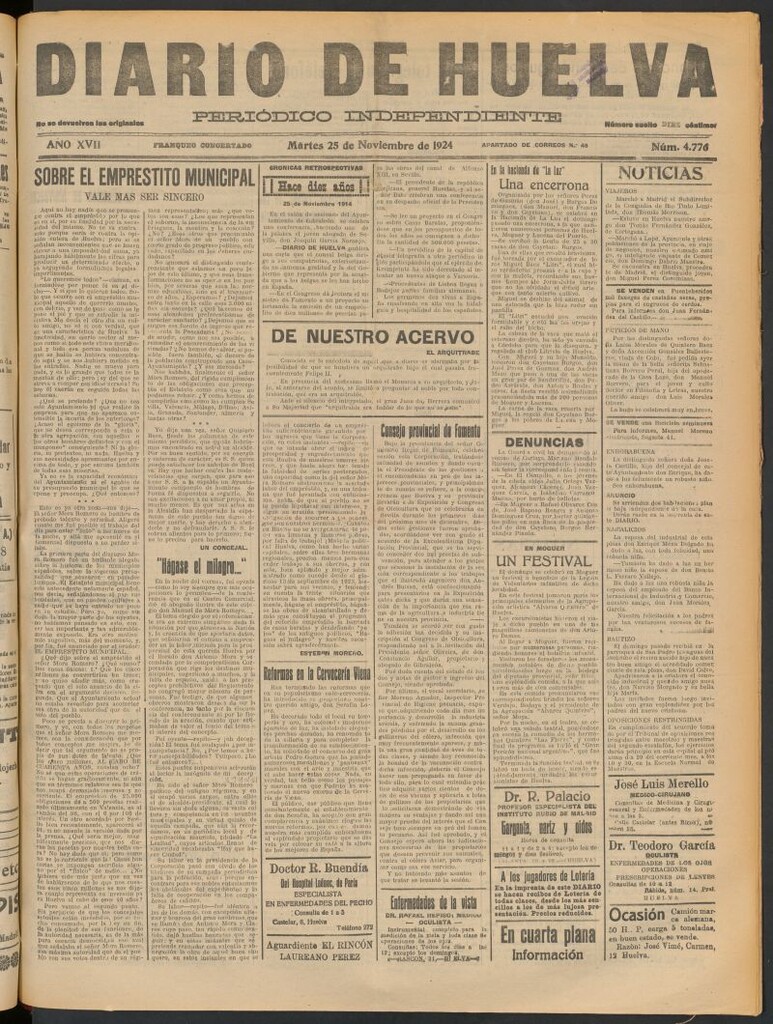 Miniatura de Diario de Huelva : periódico independiente del 25 de noviembre de 1924