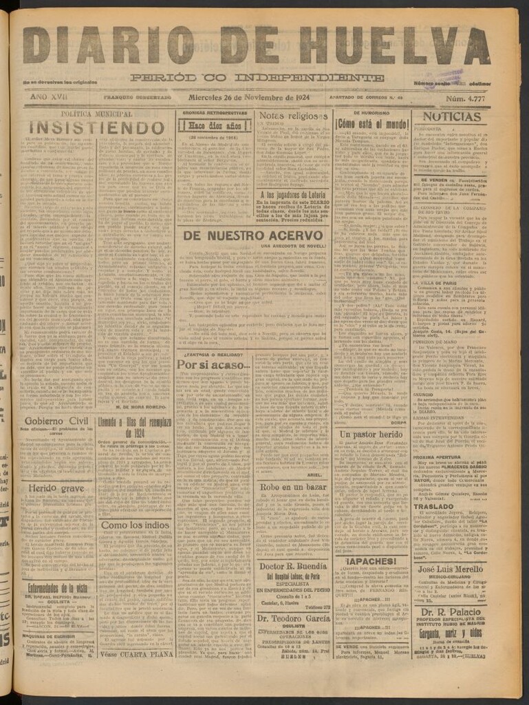 Miniatura de Diario de Huelva : periódico independiente del 26 de noviembre de 1924